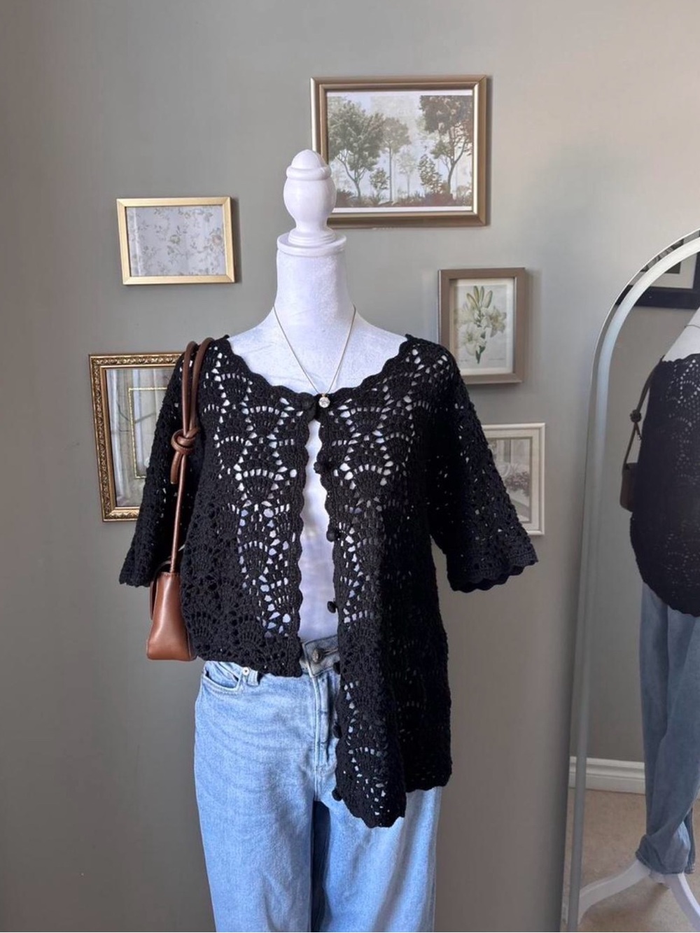 Bay Studio Black Crochet Knit Button Top